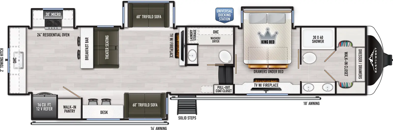 The Ahara 395FB floorplan has one entry and four slide outs. Exterior features include: fiberglass exterior and 16' & 18' awning. Interiors features include: rear kitchen and bathroom and a half.
